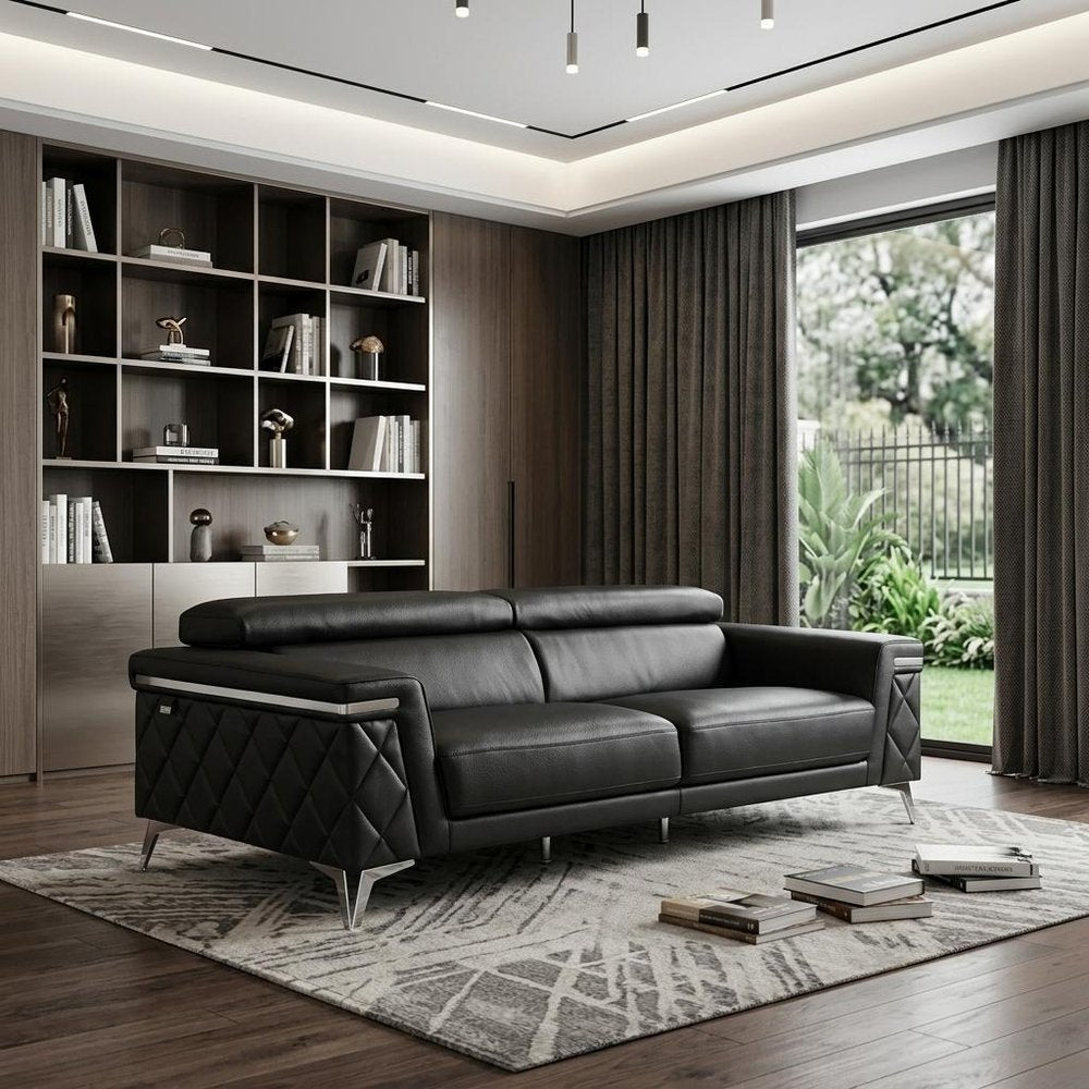 89" Light Blue Italian Leather Sofa With Silver Legs in a home interior