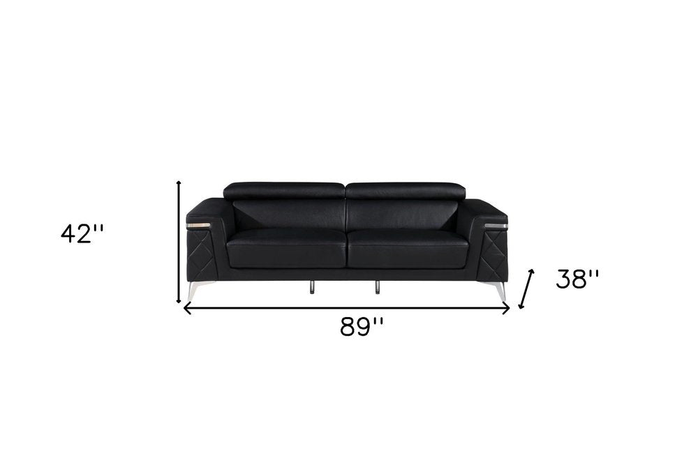 89" Light Blue Italian Leather Sofa With Silver Legs on a white background