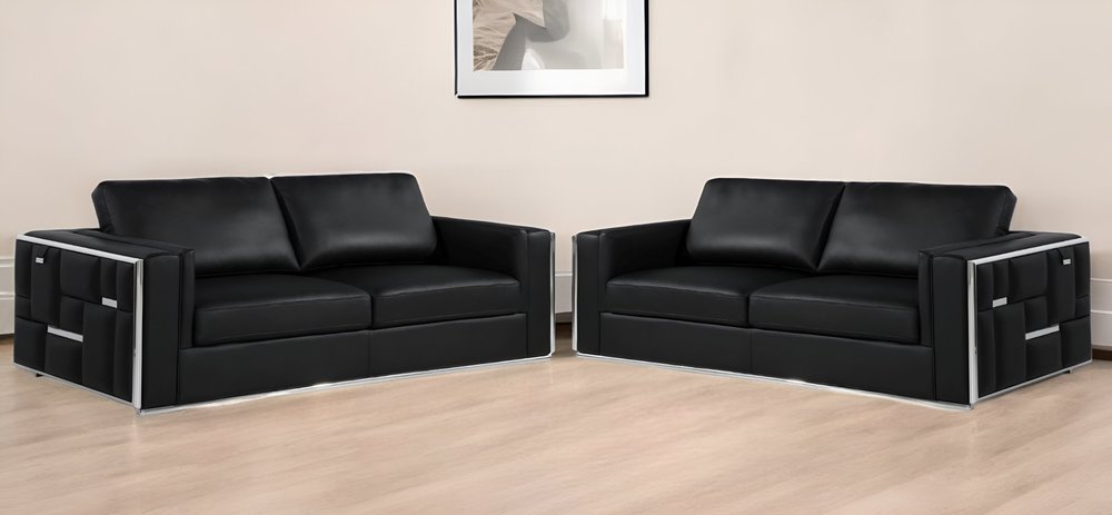Two Piece Indoor Black Italian Leather Four Person Seating Set close-up detail