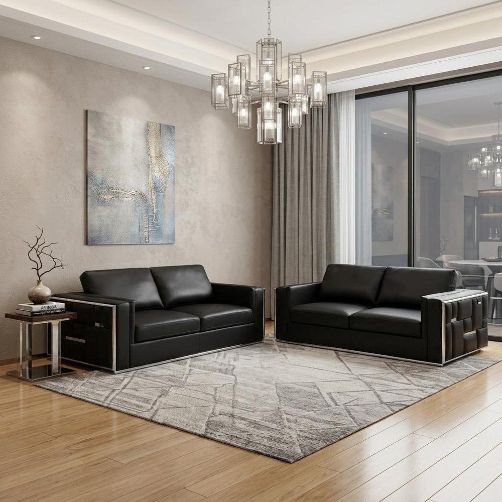 Two Piece Indoor Black Italian Leather Four Person Seating Set in a home interior