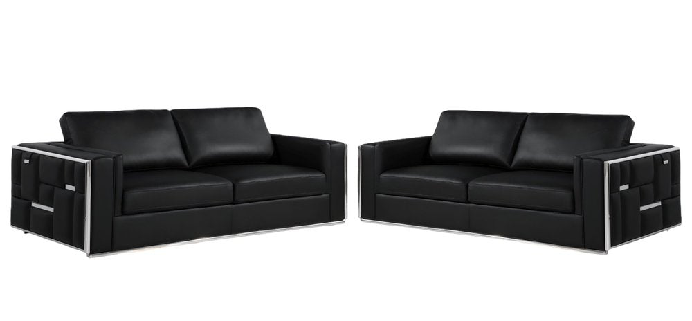 Two Piece Indoor Black Italian Leather Four Person Seating Set on a white background