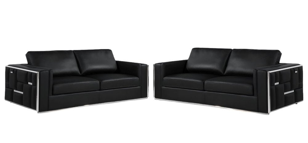 Two Piece Indoor Black Italian Leather Four Person Seating Set on a white background
