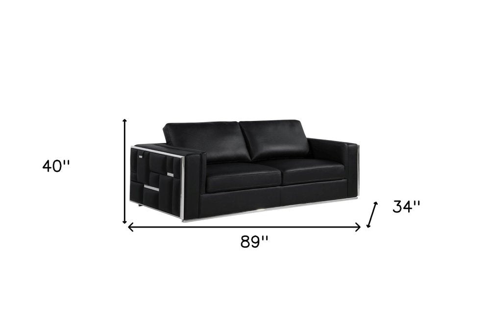 Two Piece Indoor Black Italian Leather Four Person Seating Set on a white background