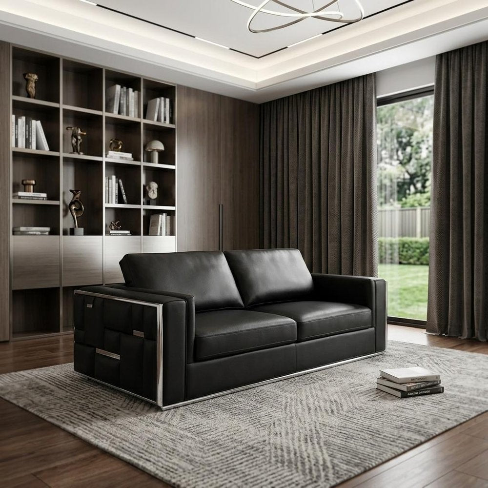89" White Italian Leather Sofa With Brass Legs in a home interior