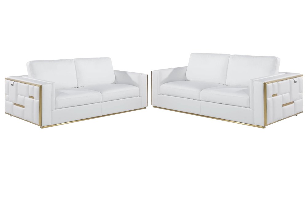 Two Piece White Italian Leather Five Person Seating Set on a white background
