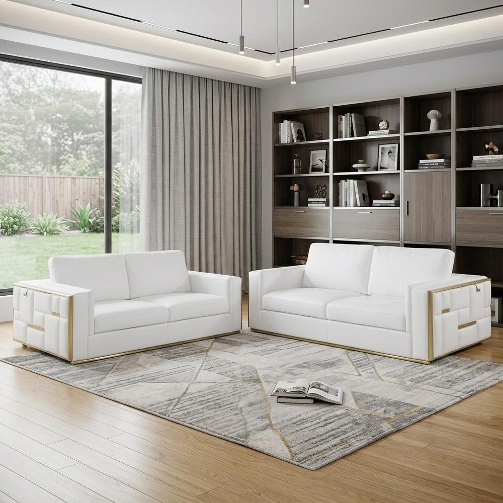 Two Piece White Italian Leather Five Person Seating Set in a home interior