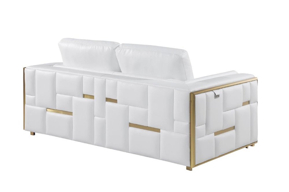 89" White Italian Leather Sofa With Brass Legs on a white background