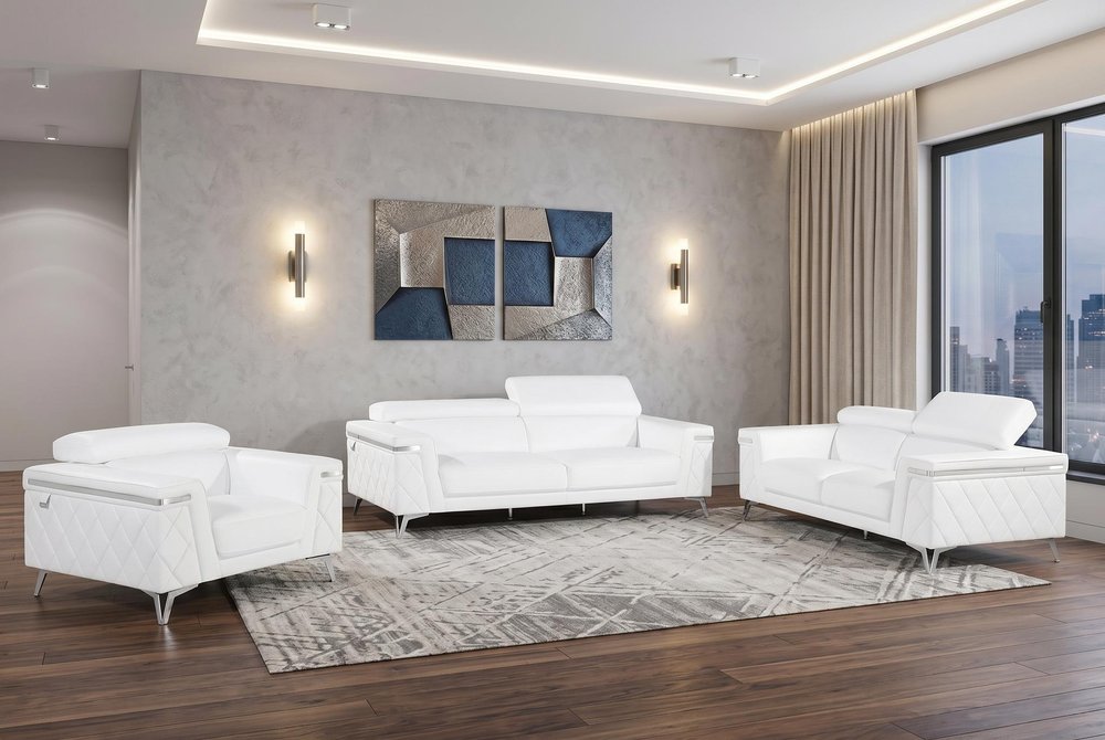 White Top Grain Leather Five Person Seating Set - with Top Grain Leather in a home interior