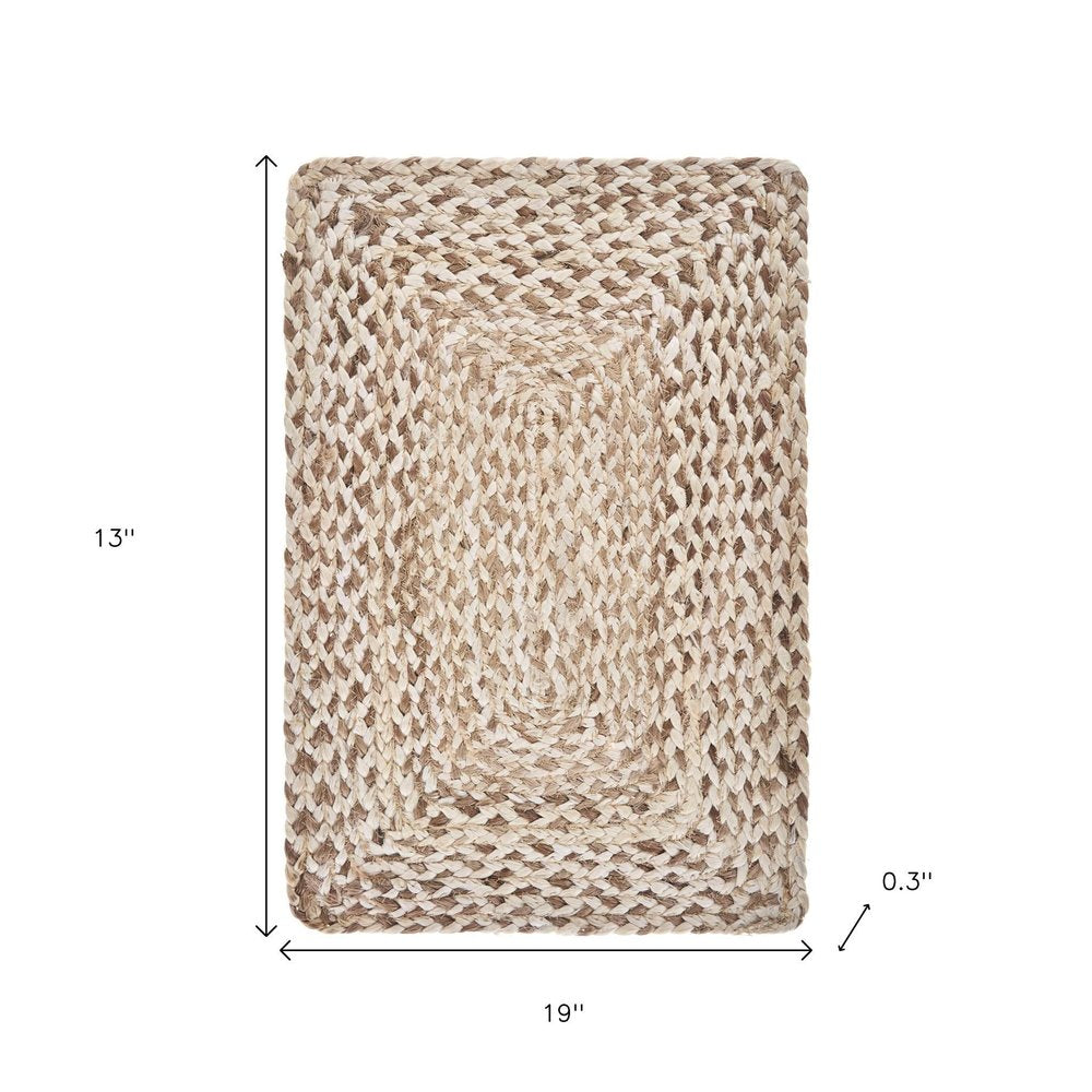 19" Set of Four Ivory And Natural Jute Placemats. Dining linen isolated on a plain white background, showing a ivory linen surface.