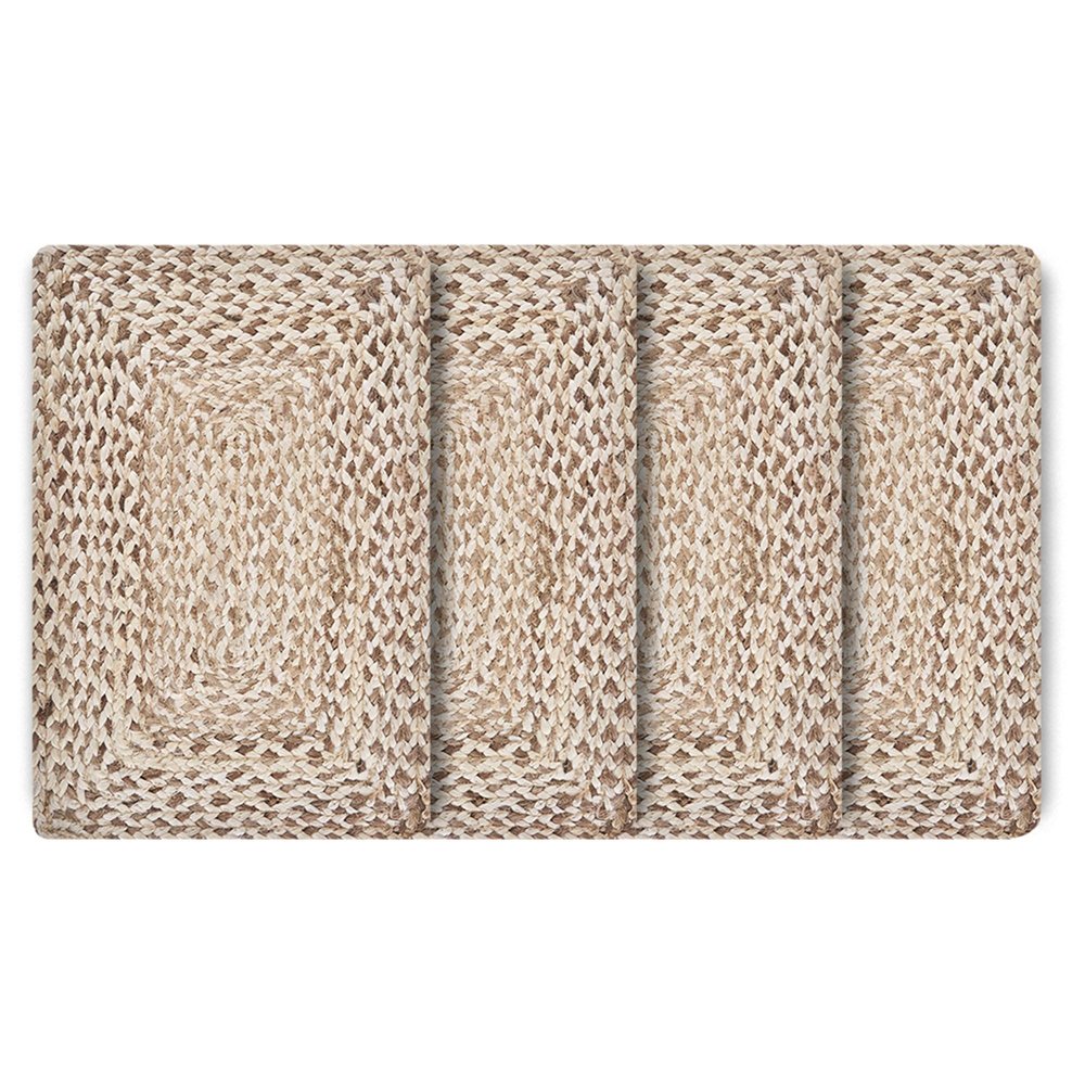 19" Set of Four Ivory And Natural Jute Placemats. Dining linen isolated on a plain white background, finished in ivory linen.