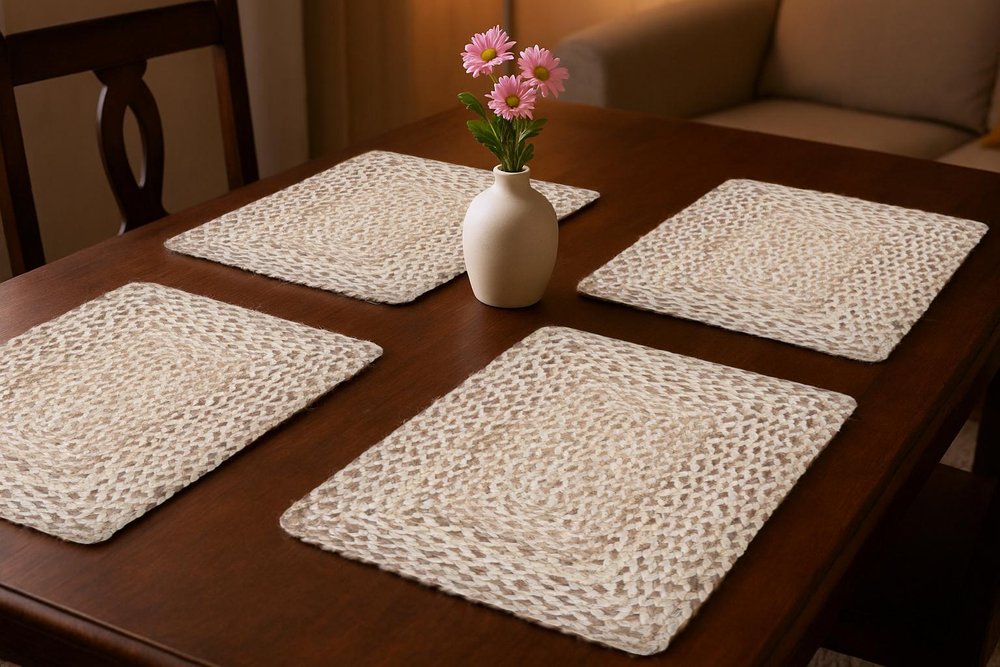 19" Set of Four Ivory And Natural Jute Placemats photographed against a dark studio background in tan.