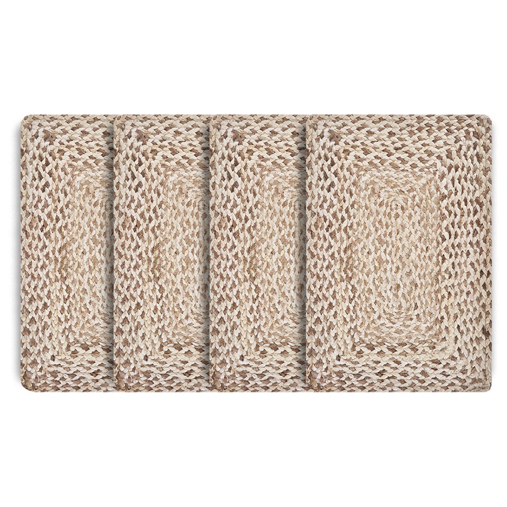 19" Set of Four Ivory And Natural Jute Placemats. Dining linen isolated on a plain white background, finished in ivory linen.