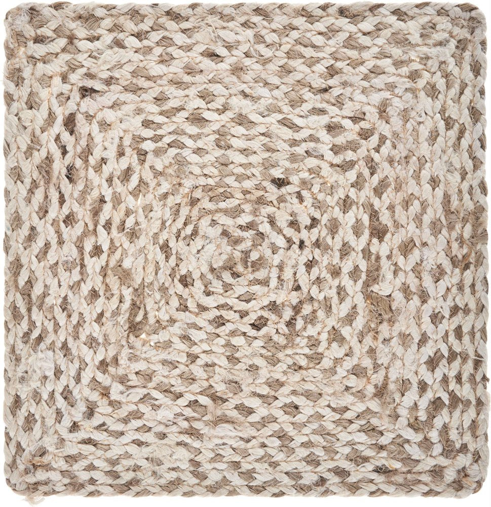 Square jute placemat with a braided spiral pattern in ivory and natural brown tones.