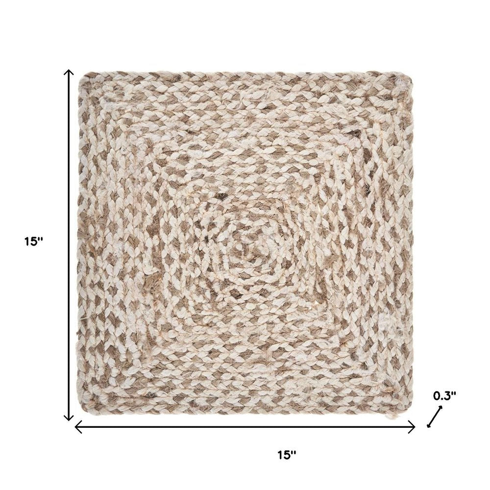 15" Set of Four Ivory And Natural Jute Square Placemats. Dining linen isolated on a plain white background, in a ivory linen finish.