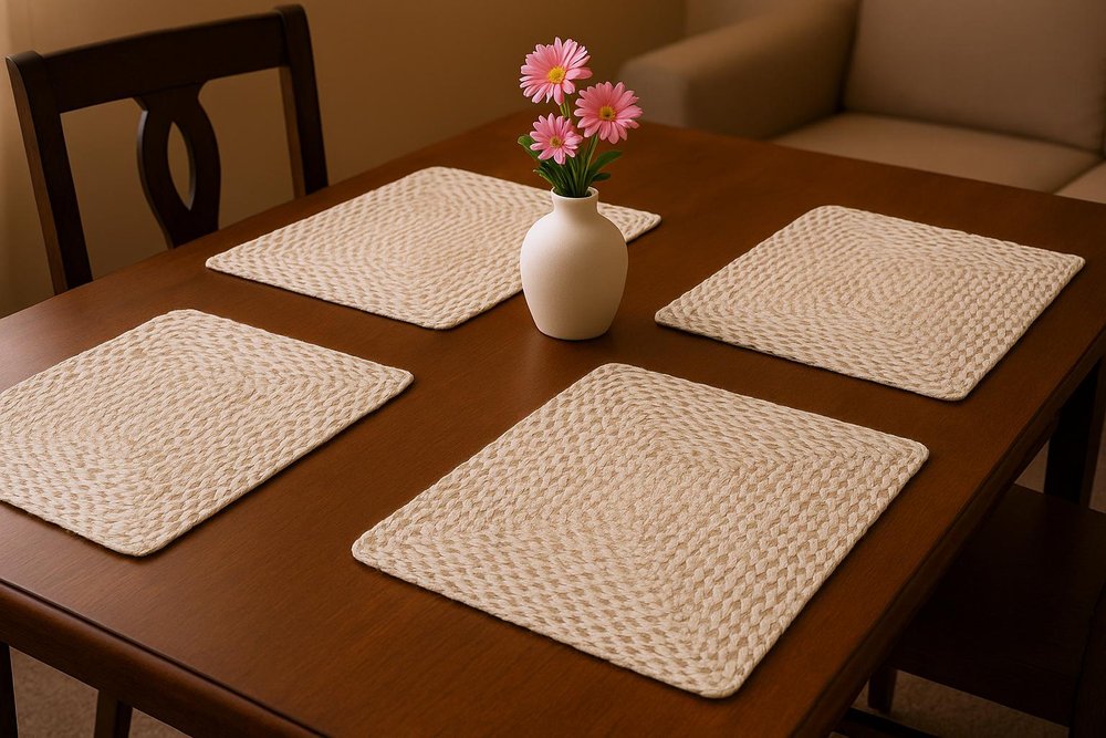15" Set of Four Ivory And Natural Jute Square Placemats. Dining linen in tan linen.