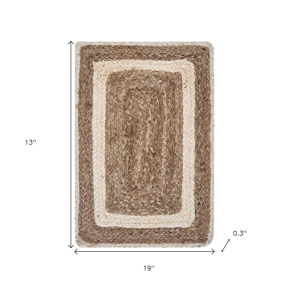 19" Set of Four Natural And Ivory Geometric Braided Jute Placemats. Dining linen isolated on a plain white background, showing a ivory linen surface.
