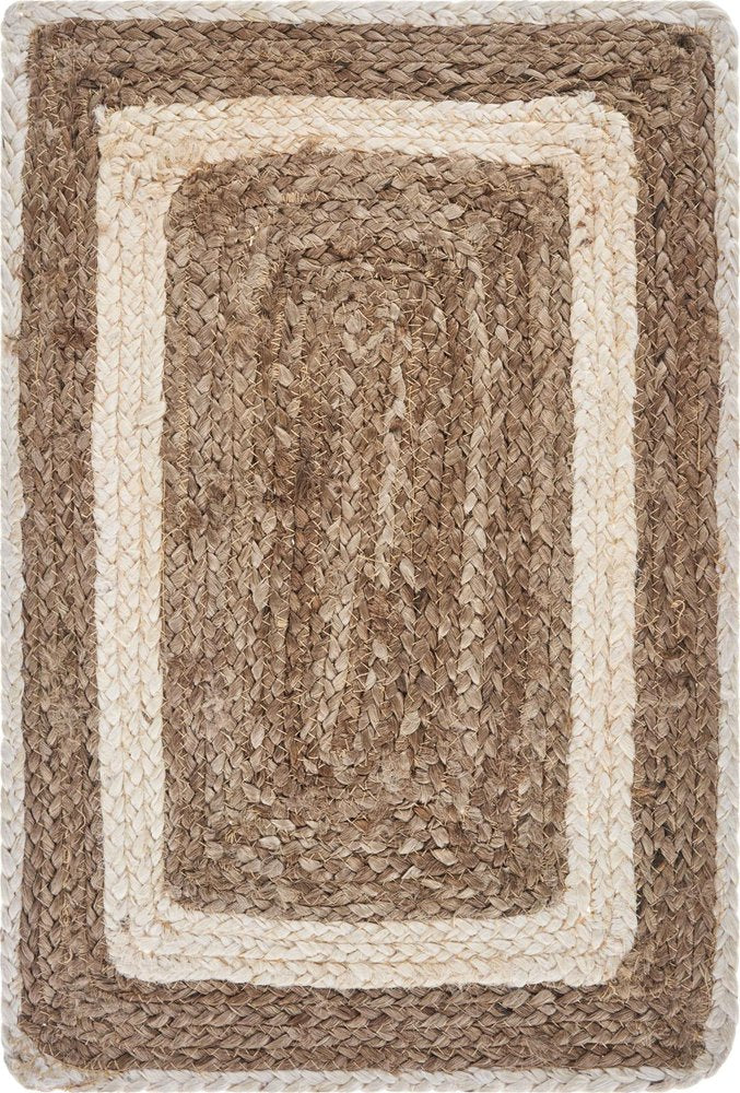 19" Set of Four Natural And Ivory Geometric Braided Jute Placemats close-up highlighting the ivory linen surface.
