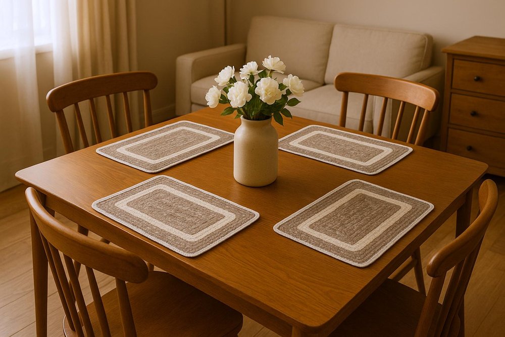 19" Set of Four Natural And Ivory Geometric Braided Jute Placemats. Dining linen in tan linen.