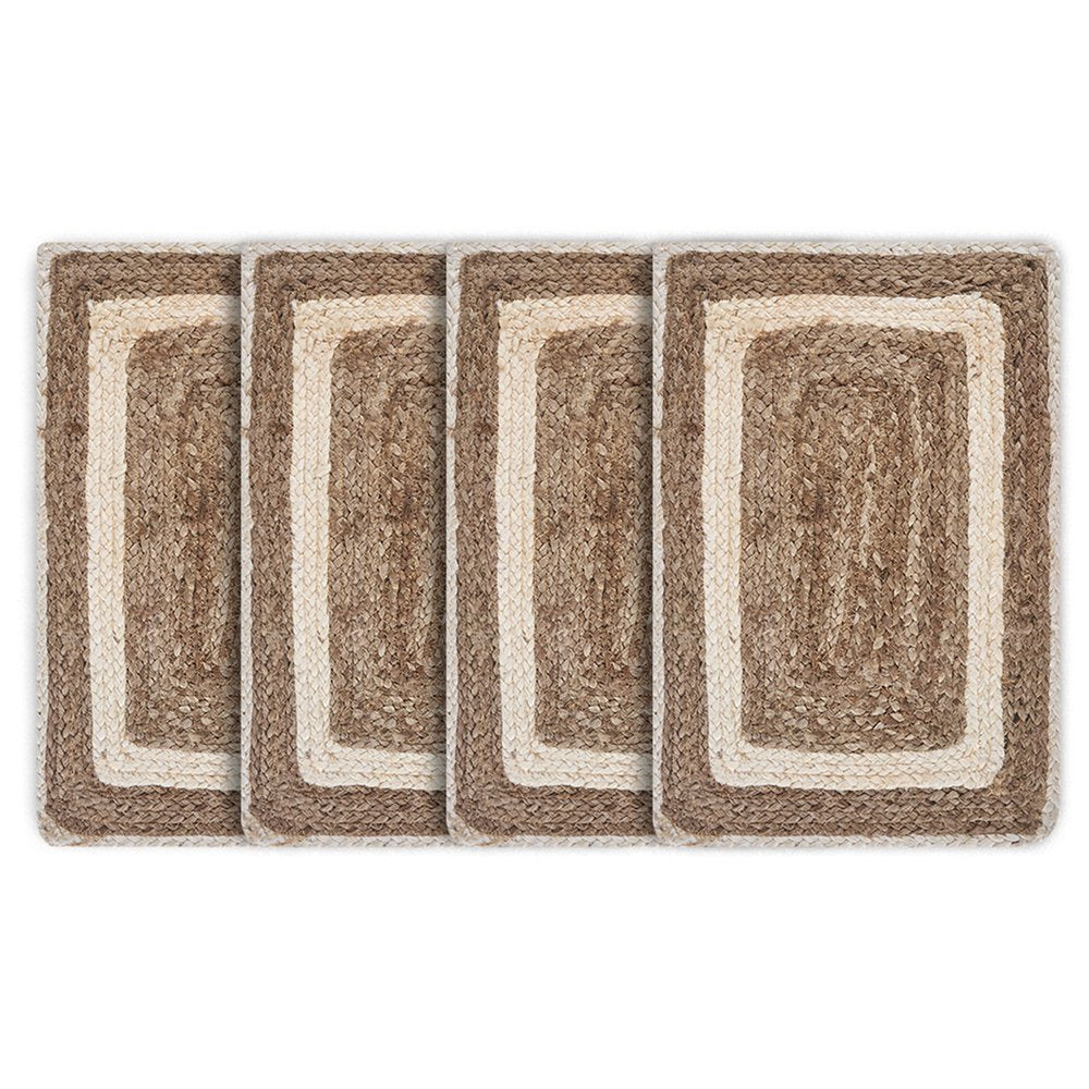 19" Set of Four Natural And Ivory Geometric Braided Jute Placemats. Dining linen isolated on a plain white background, in a ivory linen finish.