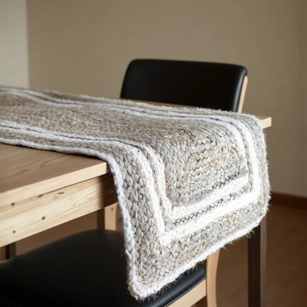 80" Natural And Cream Geometric Bordered Jute Table Runner in a home interior