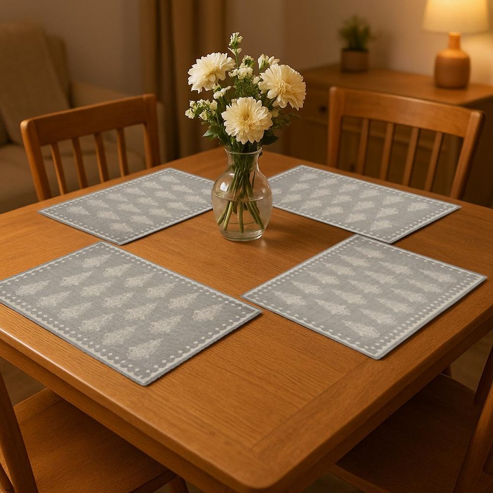 19" Set of Four Gray And Cream Geometric Medallion Cotton Placemats. Dining linen in cream linen.