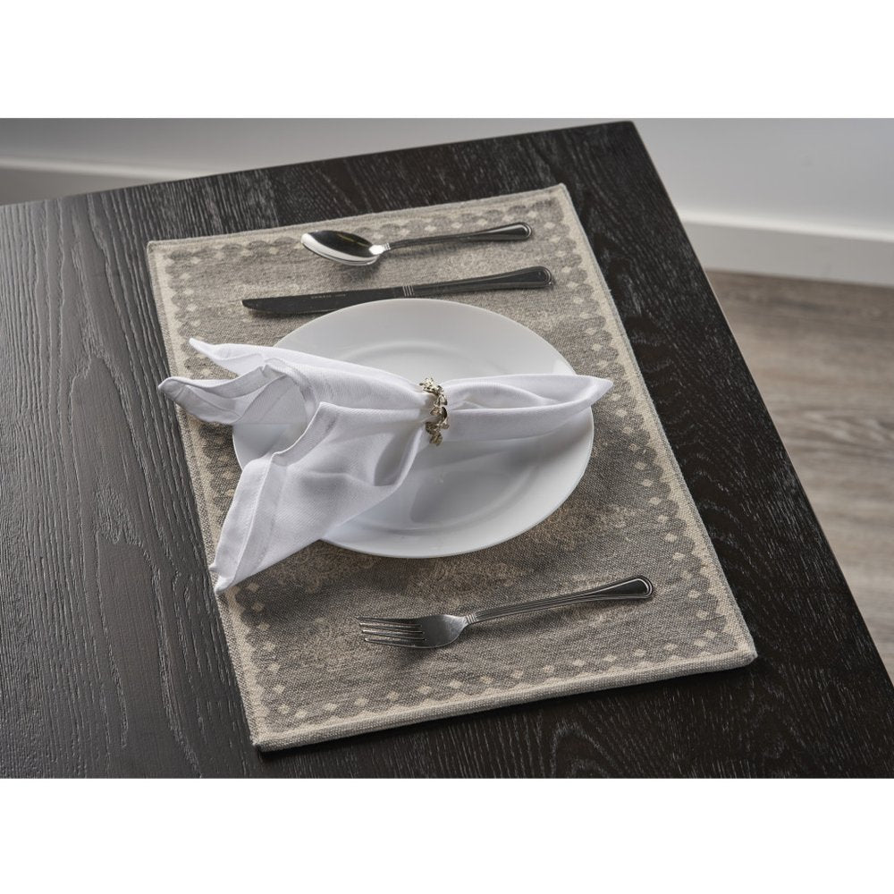 19" Set of Four Gray And Cream Geometric Medallion Cotton Placemats. Dining linen isolated on a plain white background, finished in gray linen.