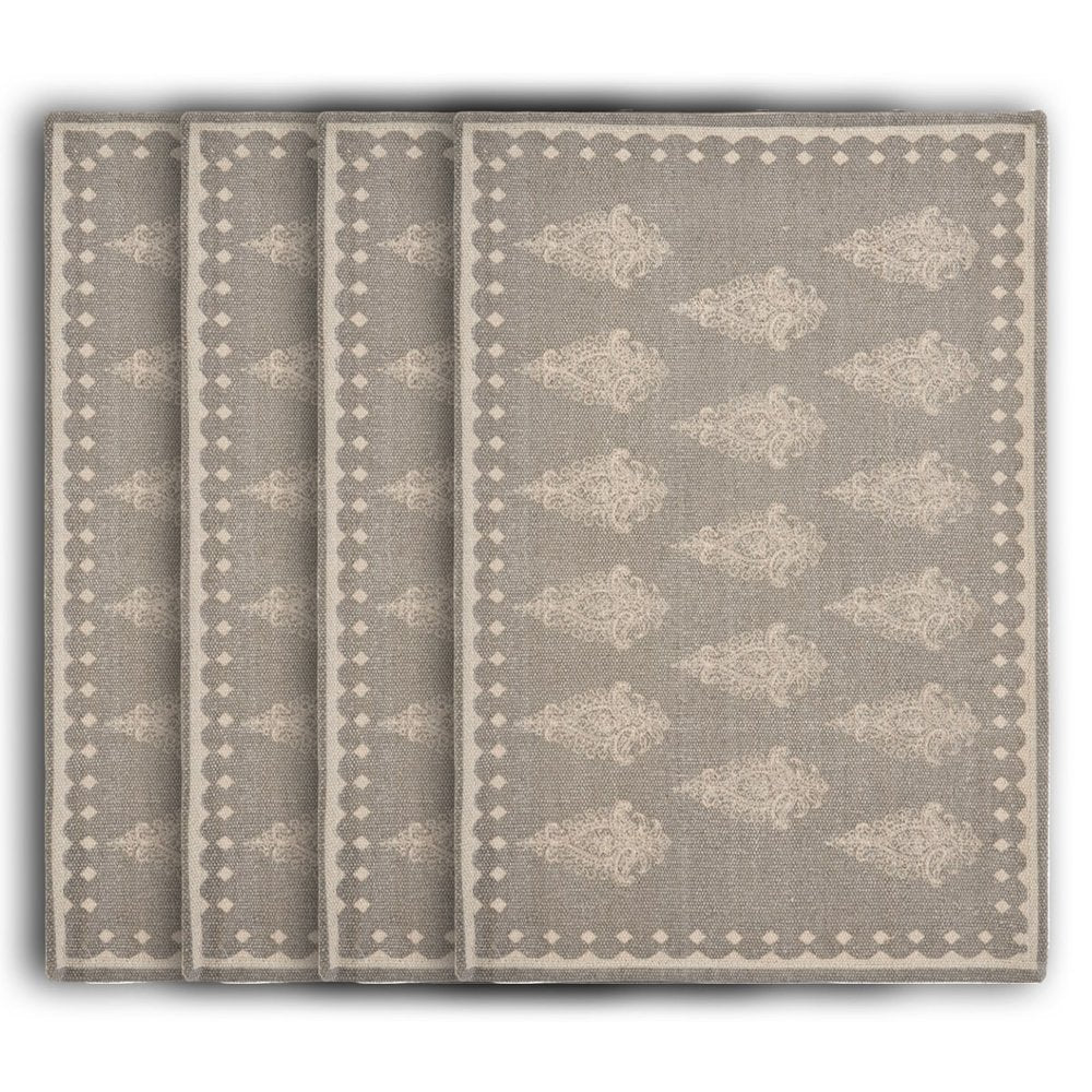 19" Set of Four Gray And Cream Geometric Medallion Cotton Placemats. Dining linen isolated on a plain white background, showing a cream linen surface.
