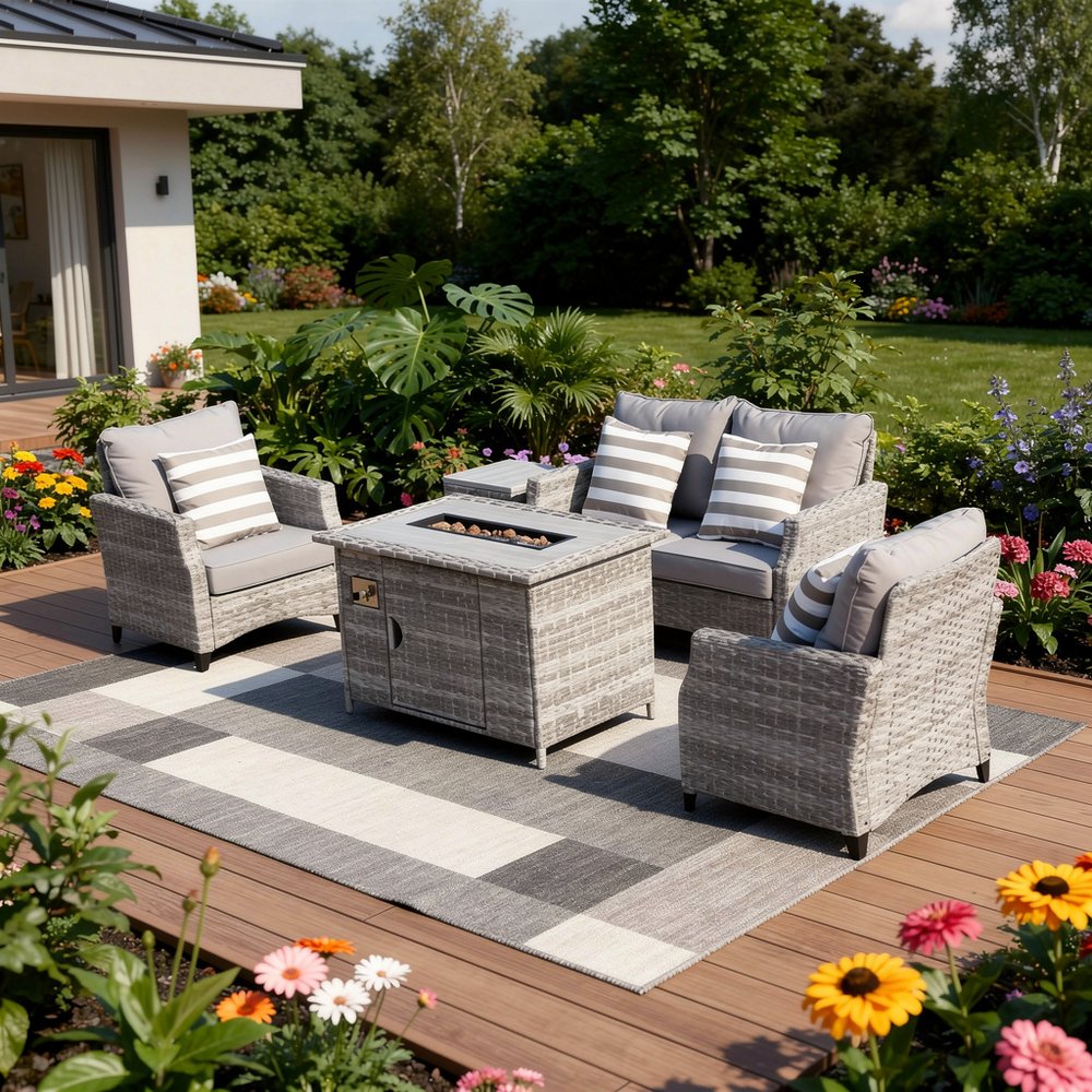 Five Piece Gray Rattan Sofa Seating Group With Fire Pit And Table