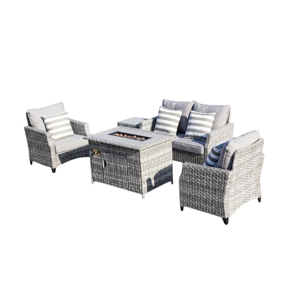 Five Piece Gray Rattan Sofa Seating Group With Fire Pit And Table