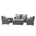 Five Piece Gray Rattan Sofa Seating Group With Fire Pit And Table