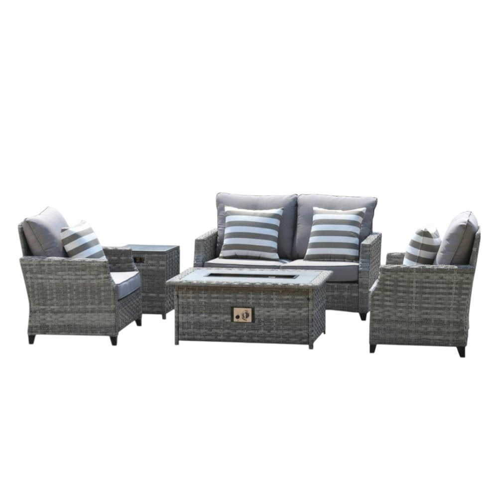 Five Piece Gray Rattan Sofa Seating Group With Fire Pit And Table