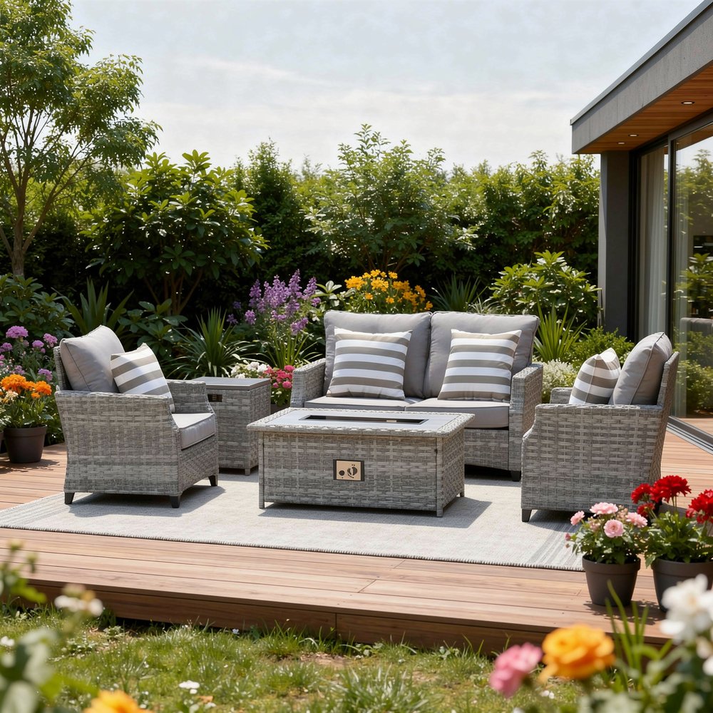 Five Piece Gray Rattan Sofa Seating Group With Fire Pit And Table