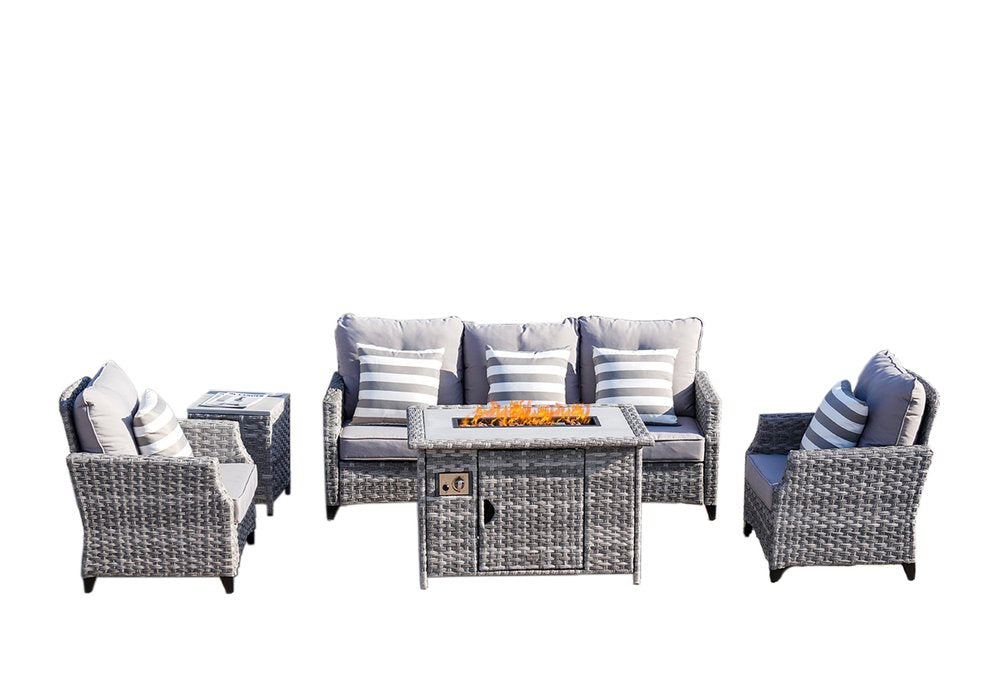 Five Piece Gray Rattan Sofa Seating Group With Fire Pit And Table