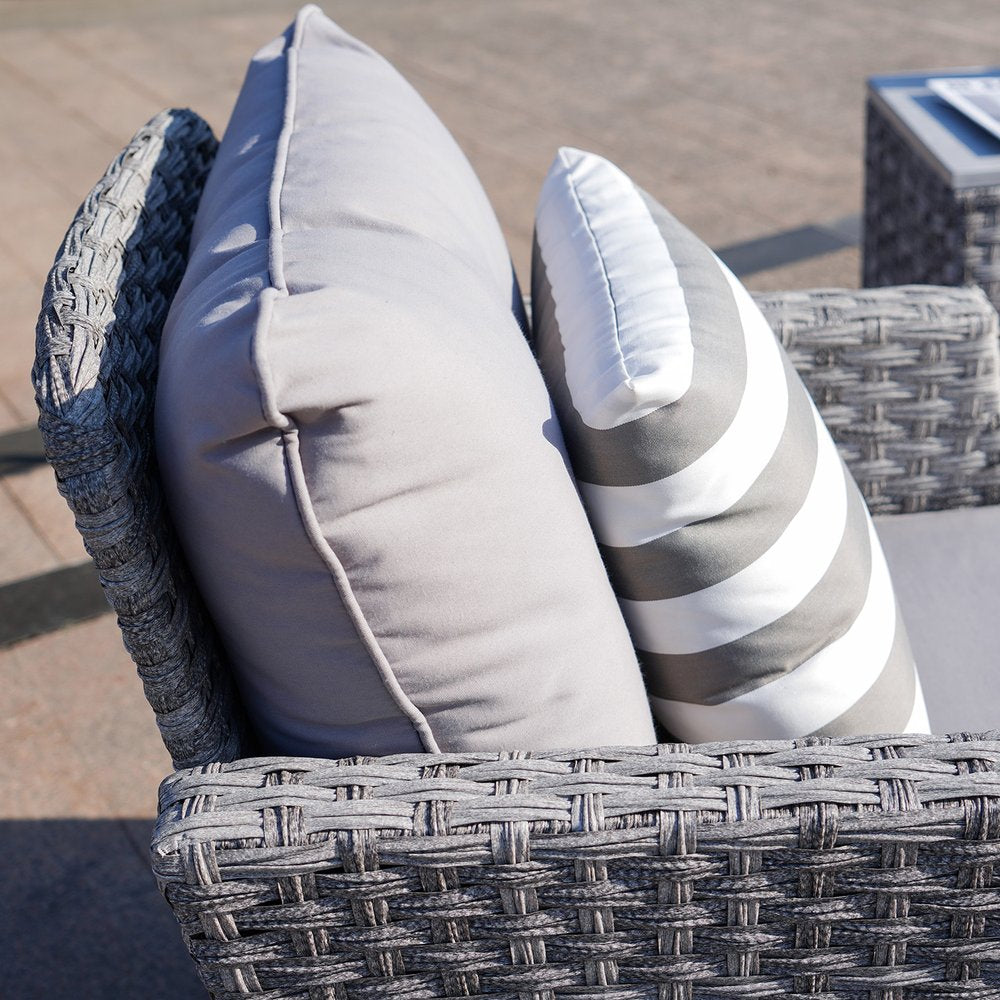 Five Piece Gray Rattan Sofa Seating Group With Fire Pit And Table