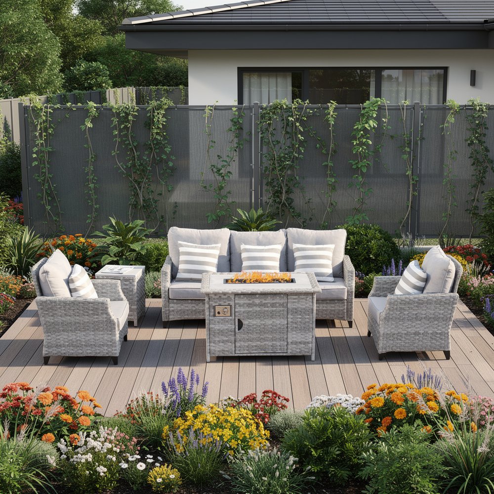 Five Piece Gray Rattan Sofa Seating Group With Fire Pit And Table