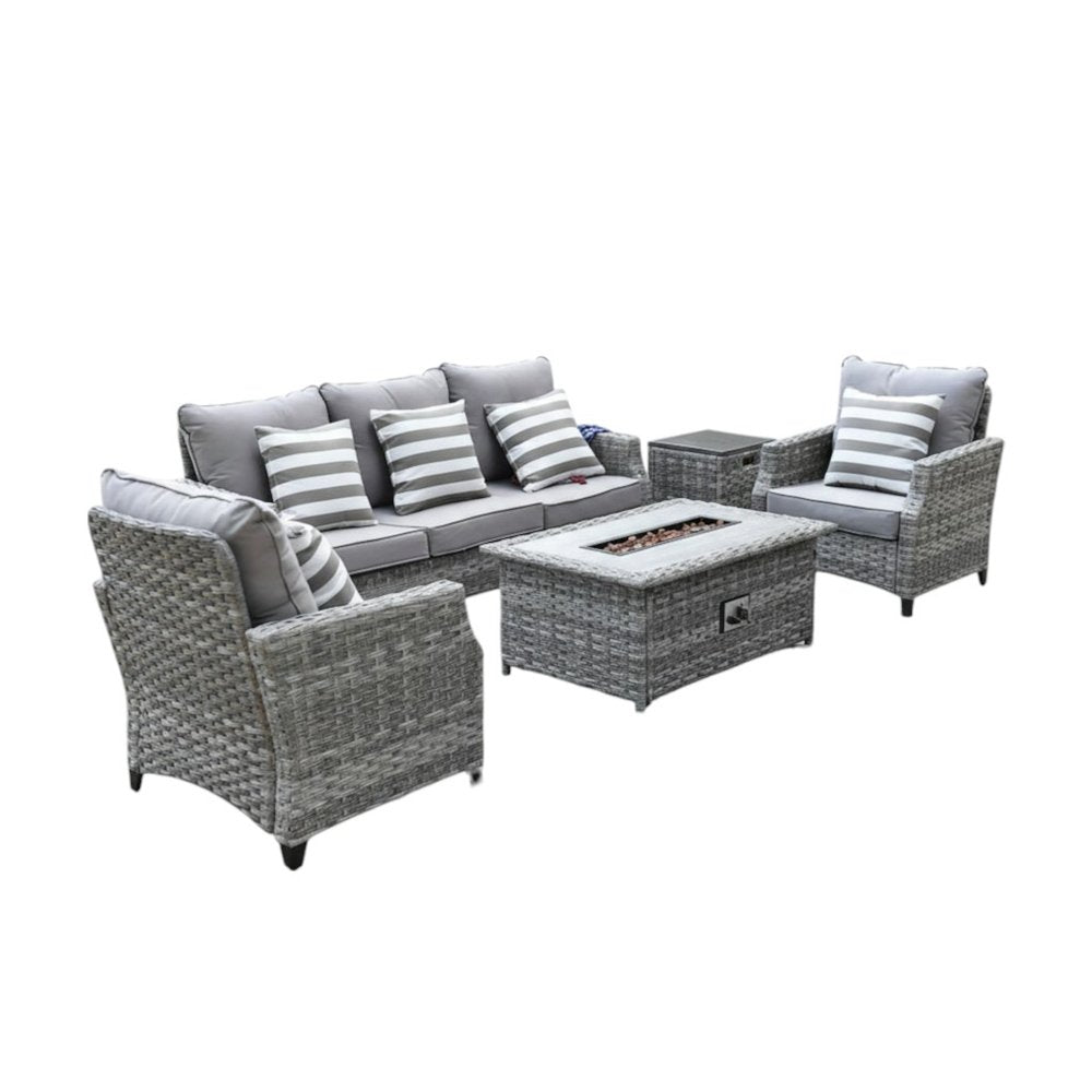 Five Piece Gray Rattan Sofa Seating Group With Fire Pit And Table