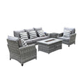 Five Piece Gray Rattan Sofa Seating Group With Fire Pit And Table