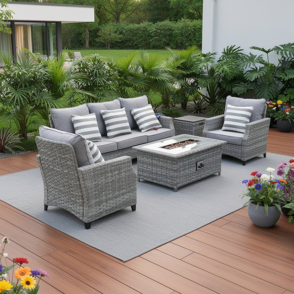 Five Piece Gray Rattan Sofa Seating Group With Fire Pit And Table