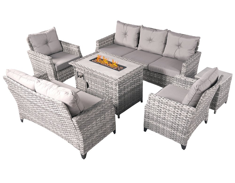 Six Piece Gray Rattan Sofa Seating Group With Fire Pit And Table