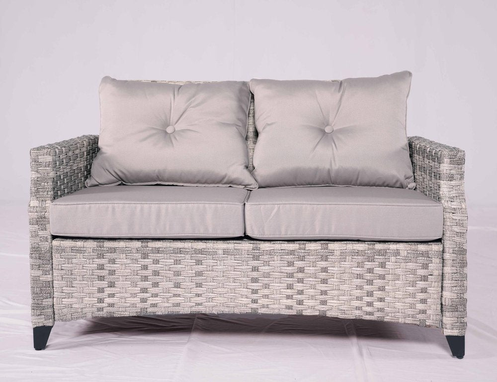 Six Piece Gray Rattan Sofa Seating Group With Fire Pit And Table