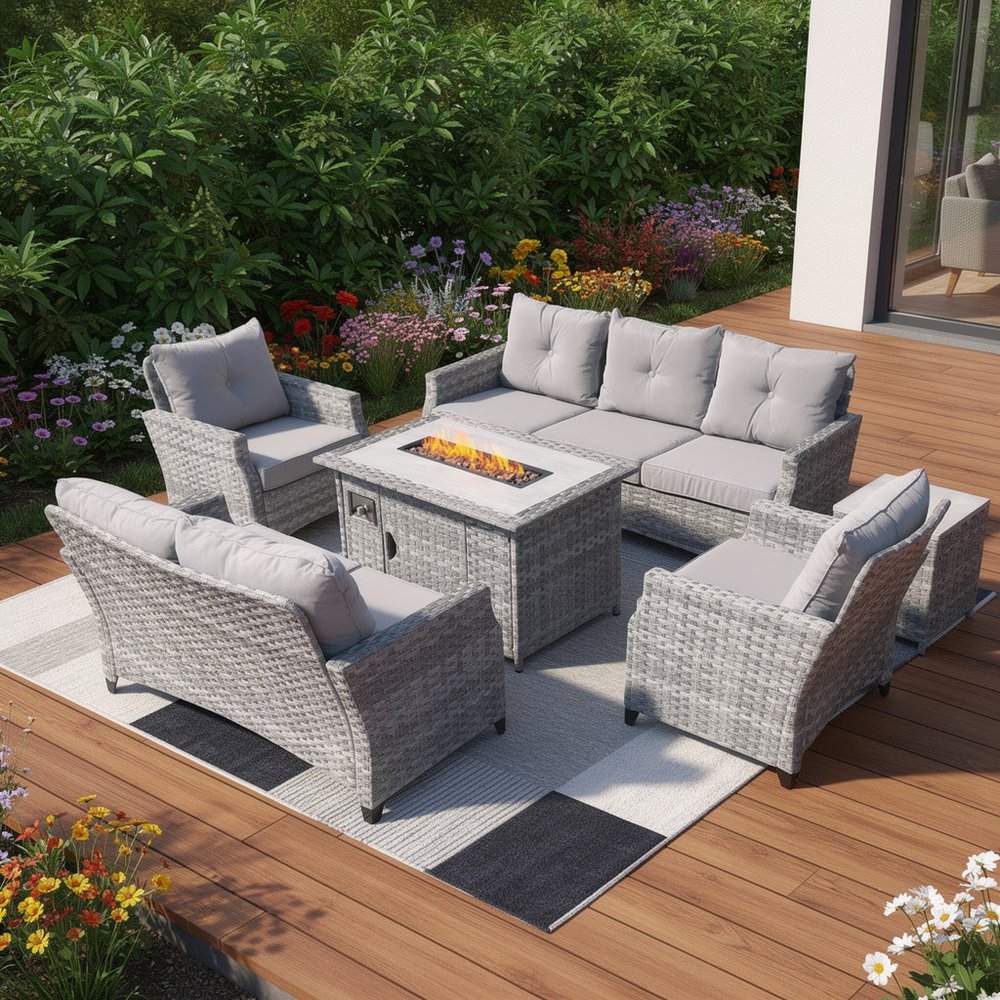 Six Piece Gray Rattan Sofa Seating Group With Fire Pit And Table