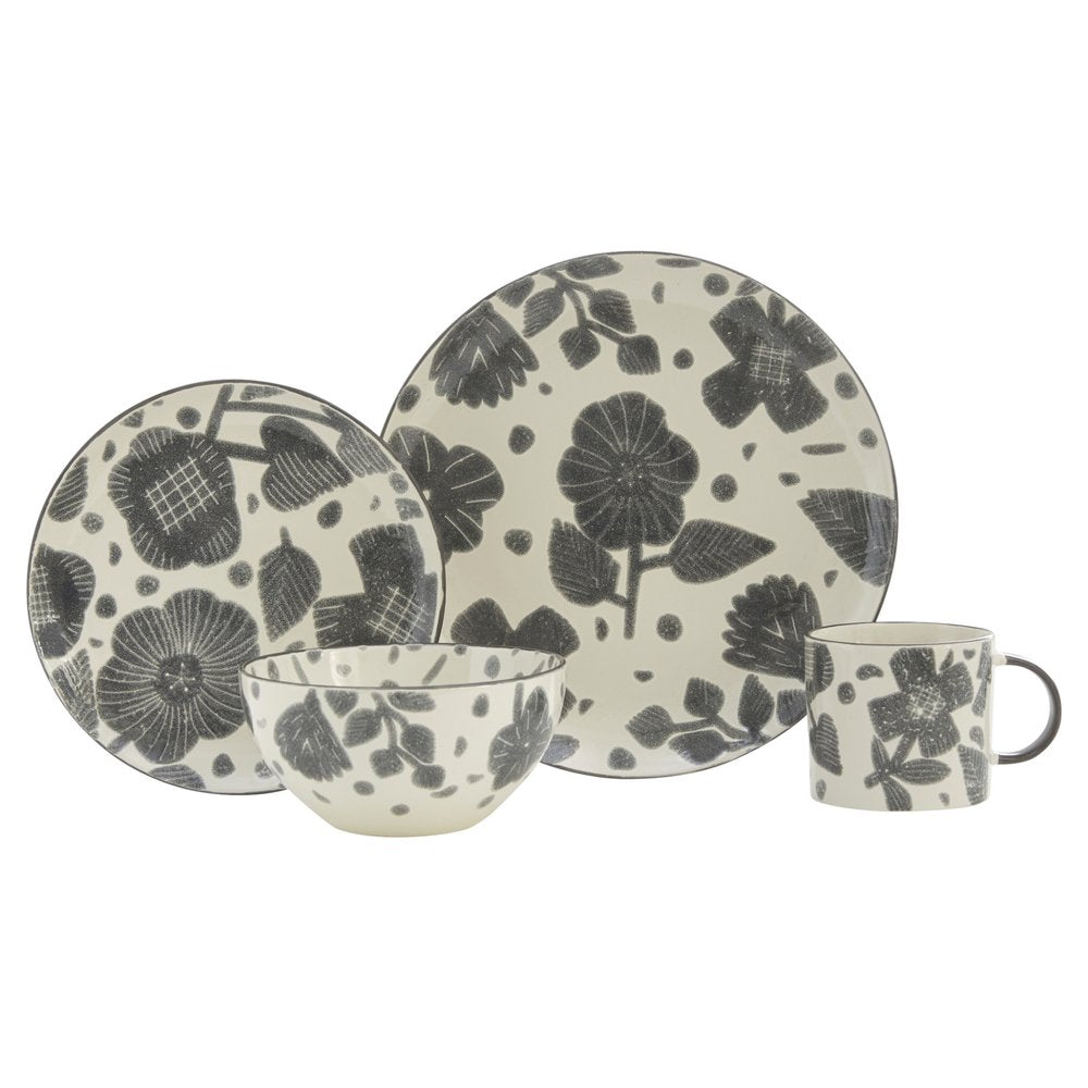 Gray and ivory ceramic dinnerware set with floral pattern, includes plates, bowl, and mug.