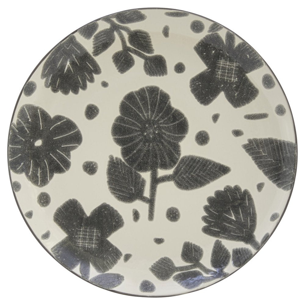Gray and Ivory Sixteen Piece Round Floral Ceramic Service For Four Dinnerware Set on a white background