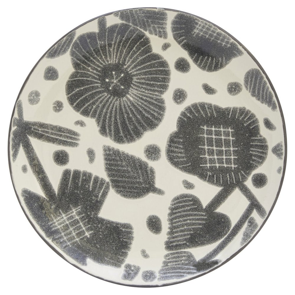 Gray and Ivory Sixteen Piece Round Floral Ceramic Service For Four Dinnerware Set on a white background