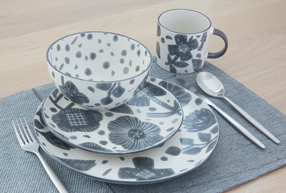Gray and Ivory Sixteen Piece Round Floral Ceramic Service For Four Dinnerware Set close-up detail