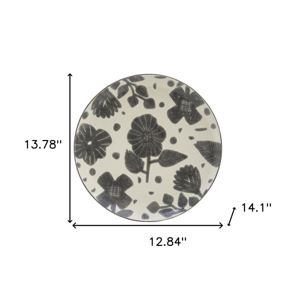 Gray and Ivory Sixteen Piece Round Floral Ceramic Service For Four Dinnerware Set on a white background