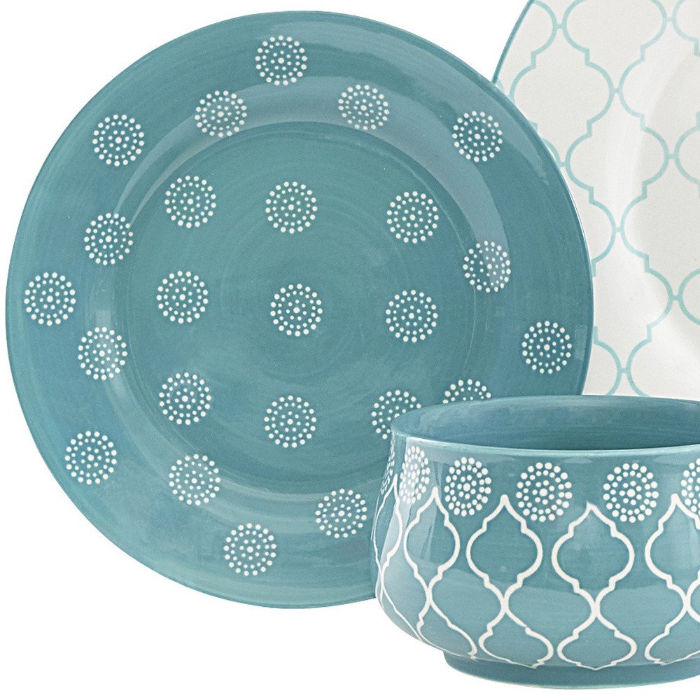 Turquoise Sixteen Piece Round Trellis Ceramic Service For Four Dinnerware Set on a white background