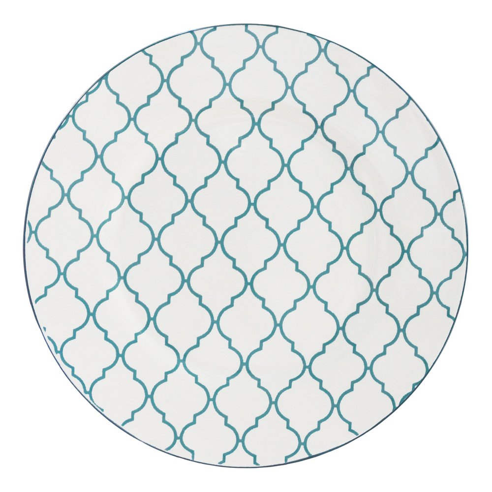 White ceramic dinner plate with a turquoise trellis pattern and a dark blue rim.