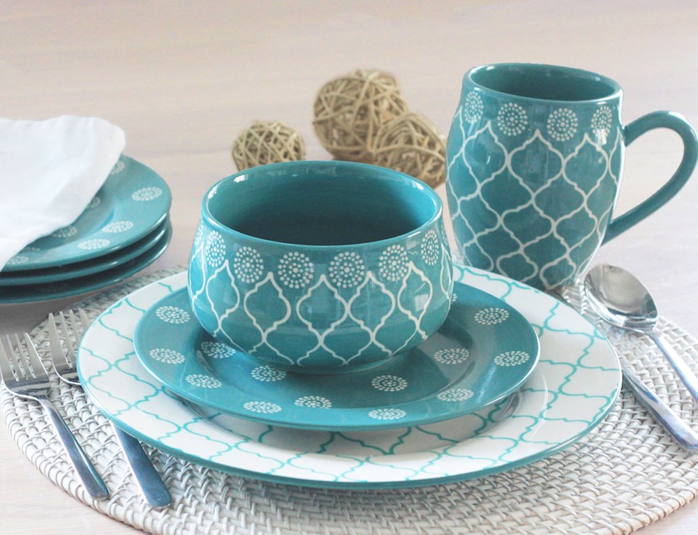 Turquoise Sixteen Piece Round Trellis Ceramic Service For Four Dinnerware Set on a white background