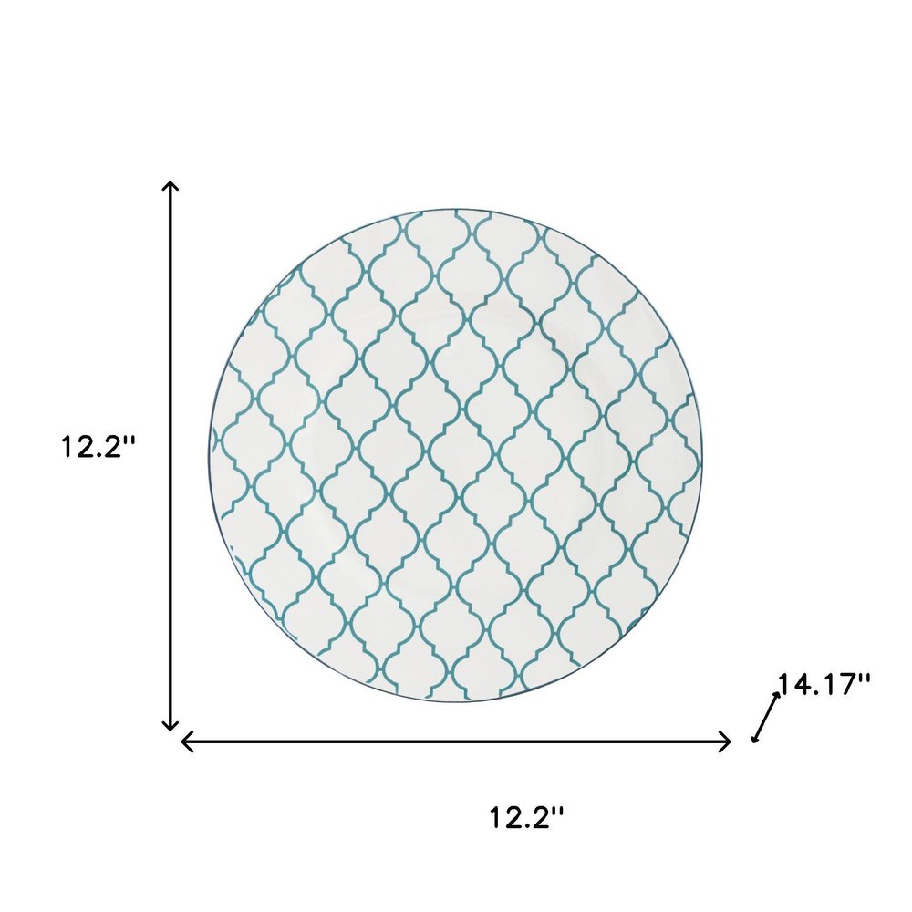 Turquoise Sixteen Piece Round Trellis Ceramic Service For Four Dinnerware Set on a white background